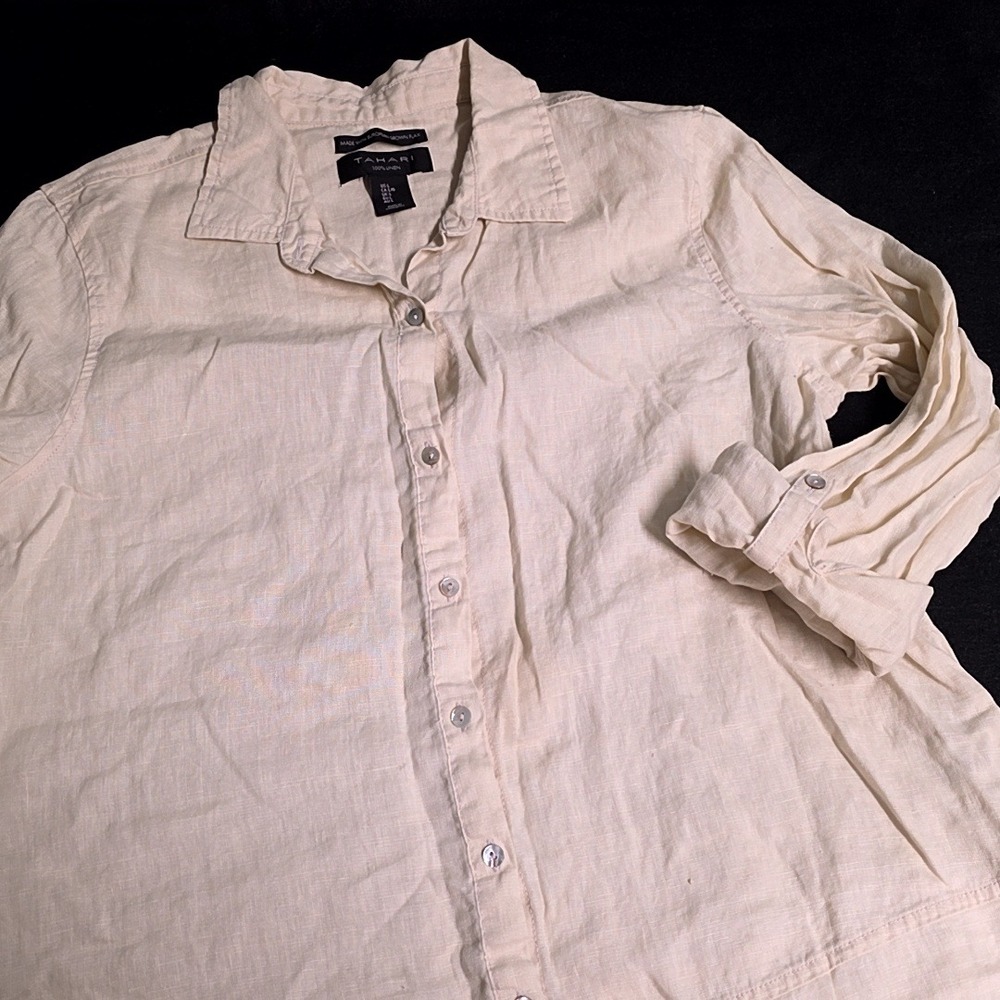 Tahari Tunic Women L Beige 100% Linen Roll Tab Sleeve Longline Button Down Shirt